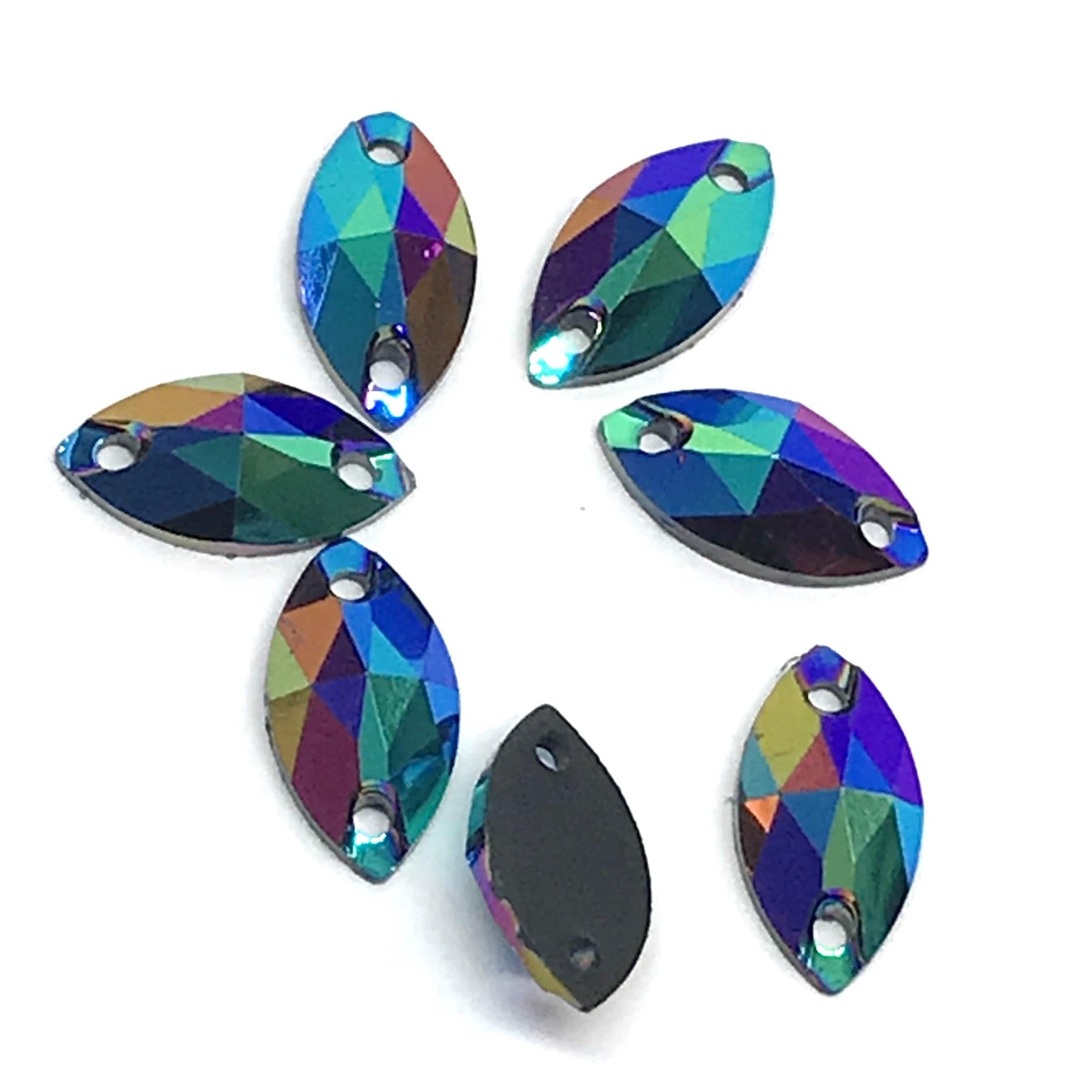 7*12mm, Rainbow Black AB #25, Various Black AB Mini Navette, sew on, Black Bottom, Resin Gem, (Sold in 12 pcs)