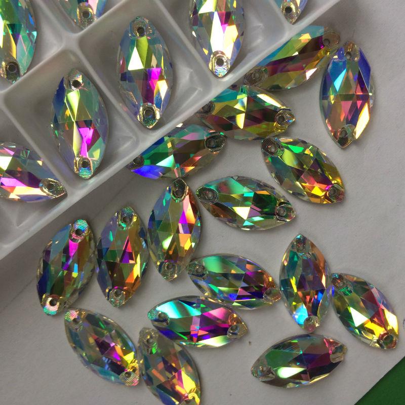 Sundaylace Creations & Bling Glass Gem 7*15mm (Standard size for flowers) / Crystal AB Multiple Sizes of AB Navette Horse Eye Sew on Glass Gem *Sold in pairs*