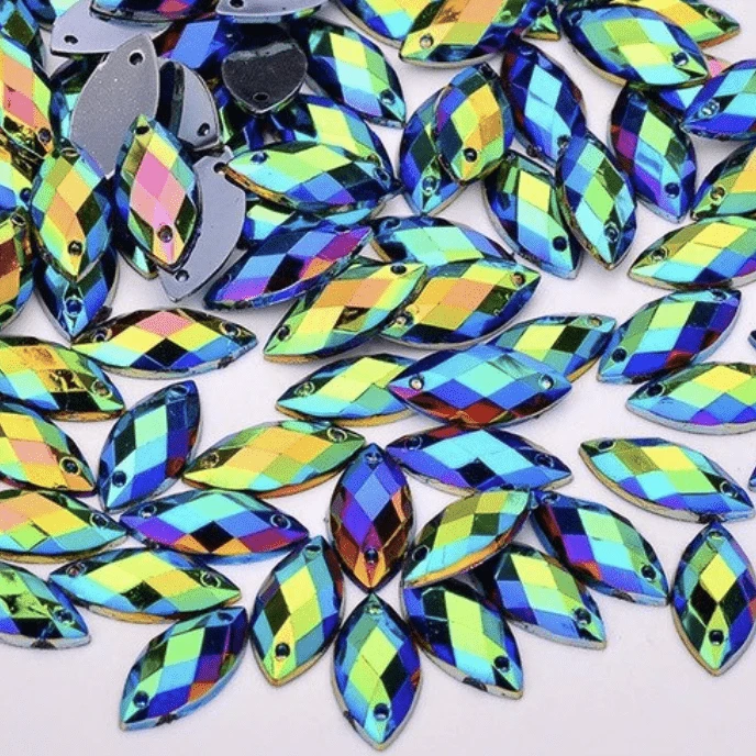 Sundaylace Creations & Bling Resin Gems 7*15mm Black AB *Green/Blue* Metallic Navette, Sew on, Resin Gem *Sold in set of 12*