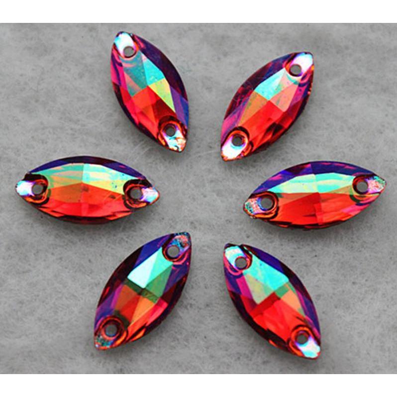 7*15mm, Red AB, Colourful AB Navette Shaped Resin Sew on Gems, Resin Gem, (Sold in Pair)