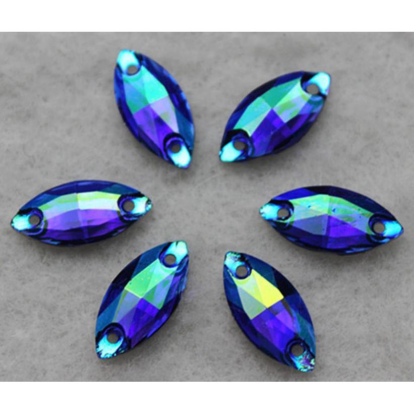 7*15mm, Blue AB, Colourful AB Navette Shaped Resin Sew on Gems, Resin Gem, (Sold in Pair)