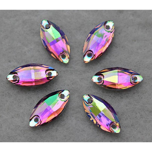 7*15mm Gold Topaz AB Colourful AB Navette Shaped, Sew On, Resin Gem, (Sold in Pair)