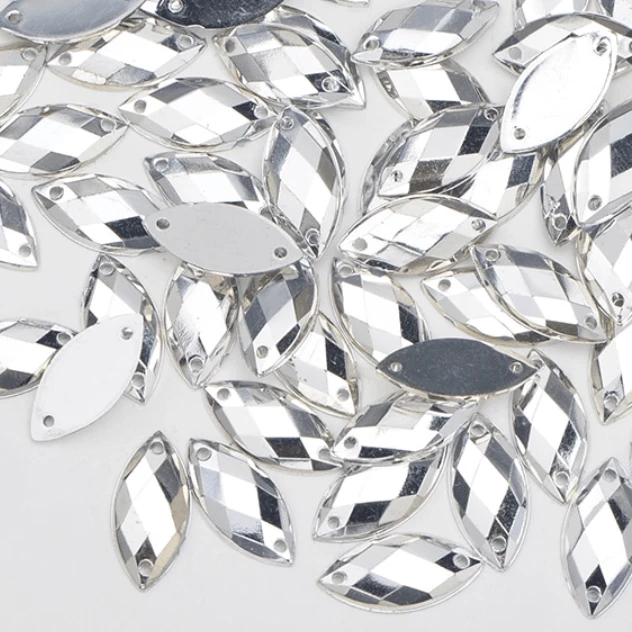 7*15mm, Silver, Gold or Silver Metallic Navette, Sew on, Resin Gem, (Sold in 12 pcs)
