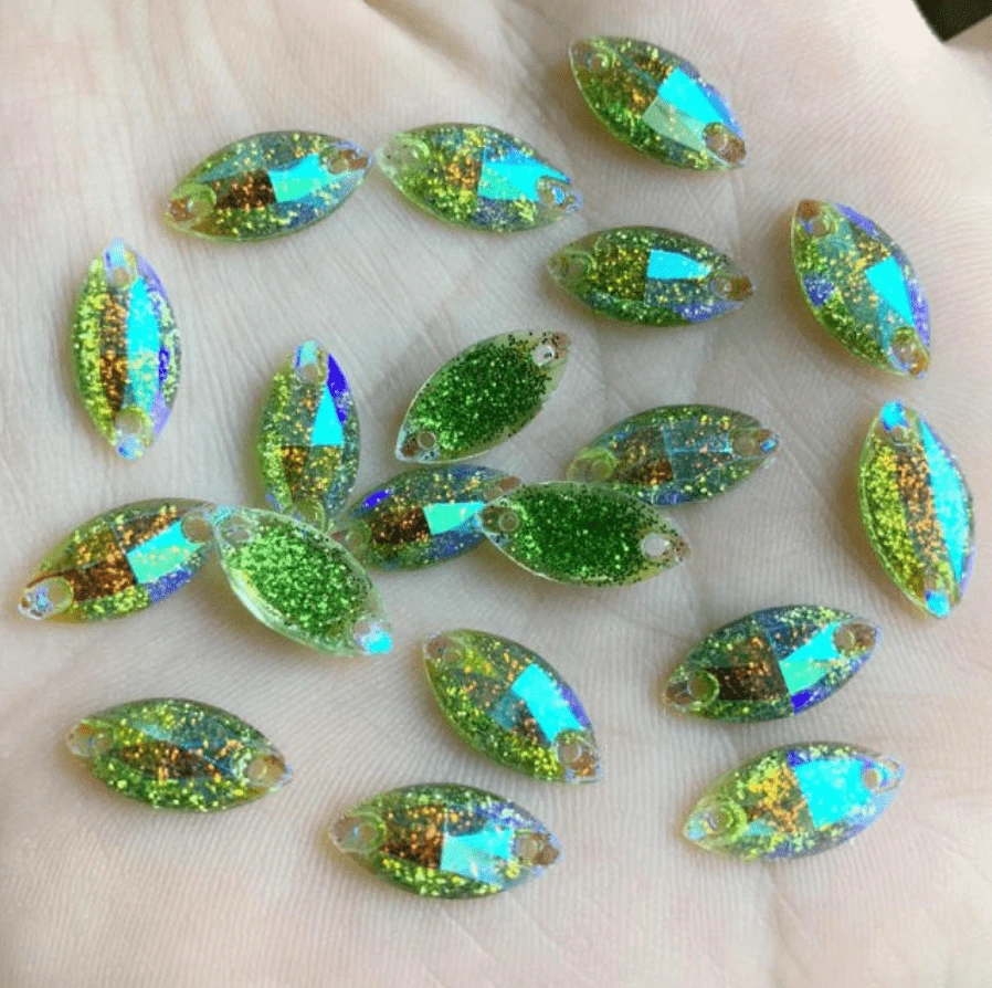 Sundaylace Creations & Bling Resin Gems 7*15mm Green AB Glitter Navette, sew on, resin gems *Set of 12 gems*
