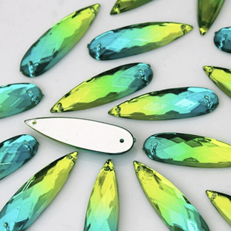 8*28mm, Green To Blue Ombre, Mixed Ombre Long Thin Teardrop, Sew on, Resin Gem, (Sold in Pair)
