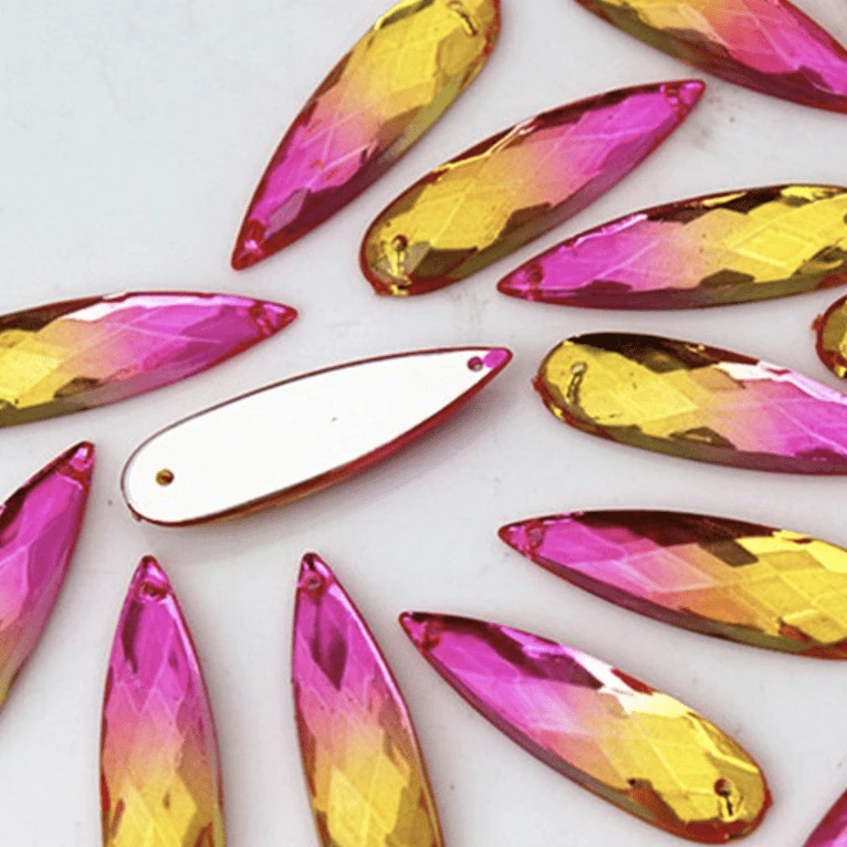 8*28mm, Pink To Yellow Ombre, Mixed Ombre Long Thin Teardrop, Sew on, Resin Gem, (Sold in Pair)