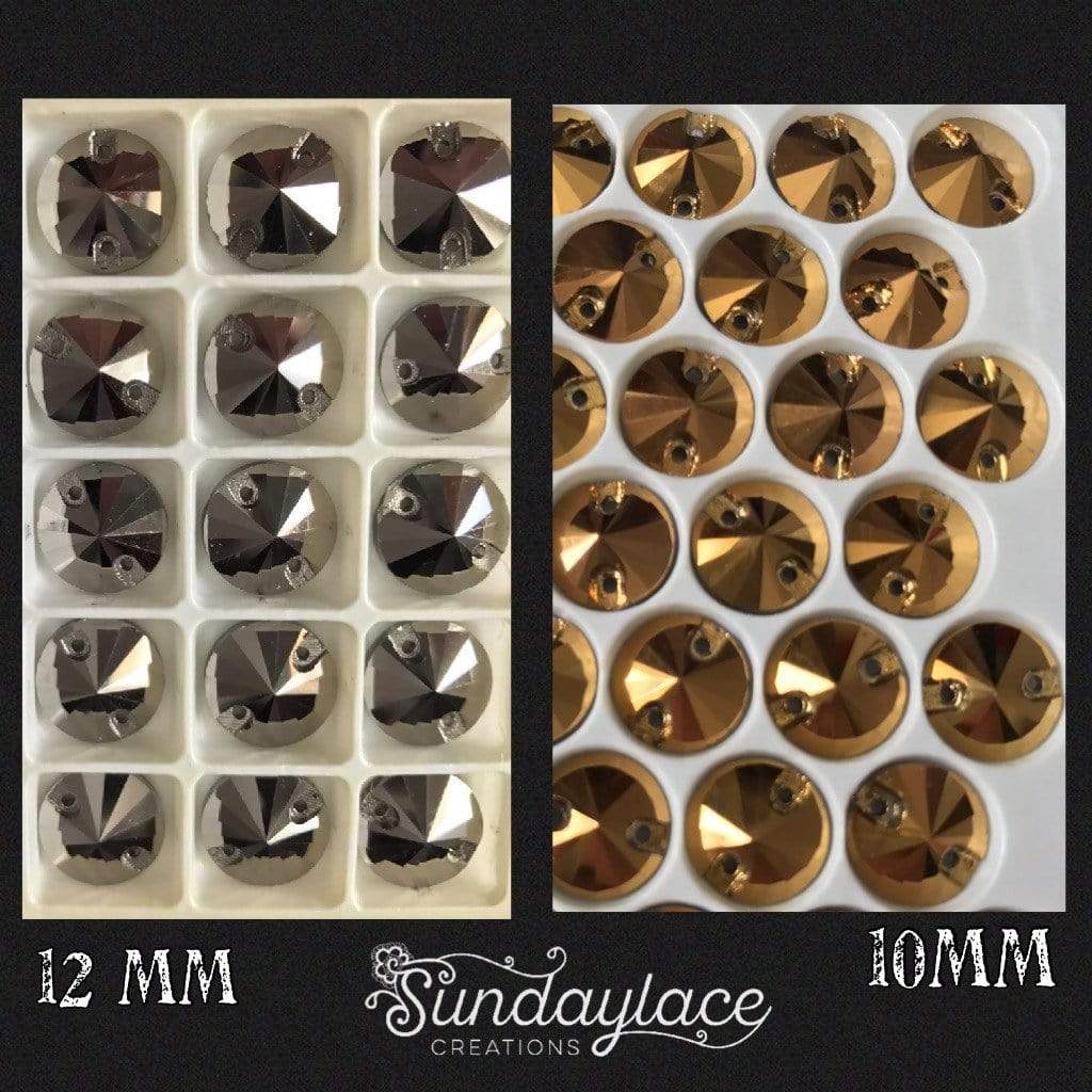 Sundaylace Creations & Bling Glass Gem 8mm, 10mm, & 12mm Rivoli Metallic Silver/Jet Hematite and Gold Metallic, Sew on, Glass Gem