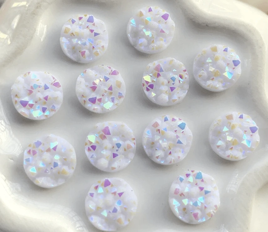 Sundaylace Creations & Bling Resin Gems White AB 8mm Various Textured Druzy, Glue On, Resin Gem