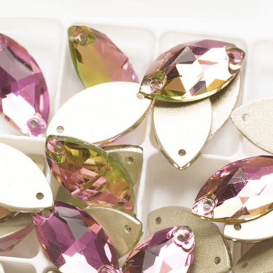 Sundaylace Creations & Bling Fancy Glass Gems 9*18mm Pink-Peridot Flame *hints of green Navette, Sew on, Fancy Glass Gem