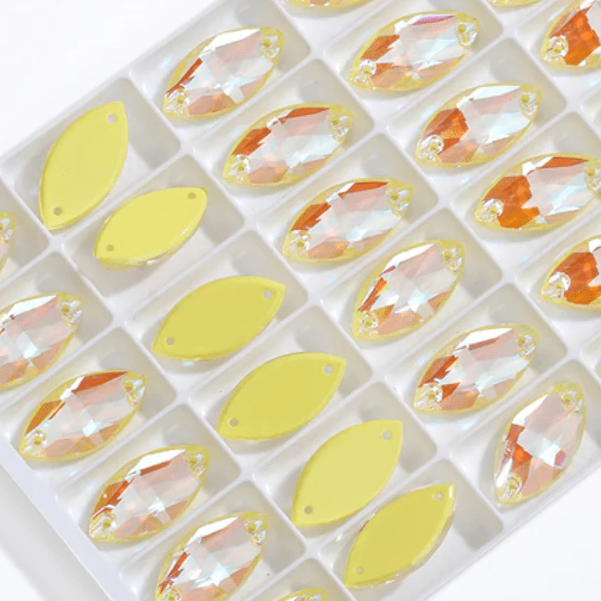 Sundaylace Creations & Bling Fancy Glass Gems 9*18mm Sunshine Yellow AB Jelly Navette, sew on, Fancy Glass Gem (Sold in Pair)