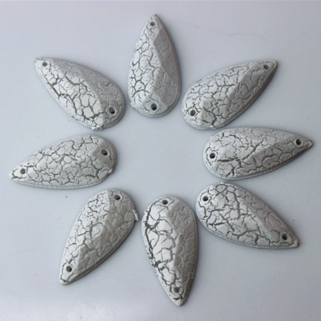 9*19mm, White, Cracked Matte Chalk Textured Long Teardrop, Sew on, Resin Gems, Resin Gem, (Sold in Pair)