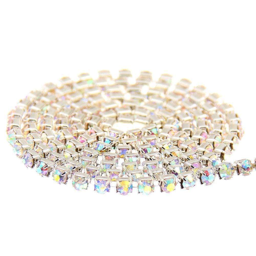 Sundaylace Creations & Bling SS6 Metal Rhinestone Chain Ss8 AB Silver chain- DENSE AB Crystal Stone, in Gold or Silver Metal Rhinestone Chain, SPARSE Gold/Silver Chain Ss6, Ss8, Ss10, Ss12, & Ss16