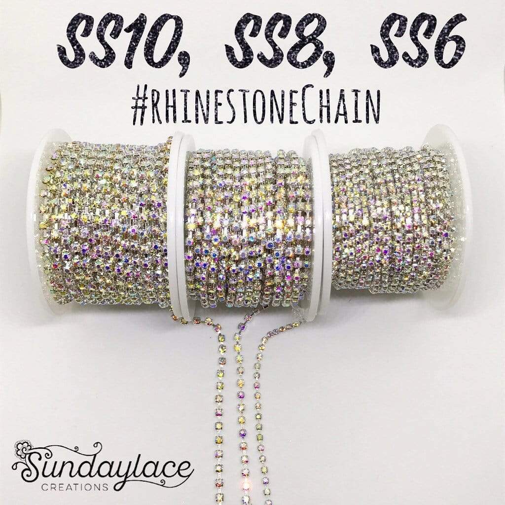 Sundaylace Creations & Bling SS6 Metal Rhinestone Chain Ss8 AB Silver chain- SPARSE AB Crystal Stone, in Gold or Silver Metal Rhinestone Chain, SPARSE Gold/Silver Chain Ss6, Ss8, Ss10, Ss12, & Ss16