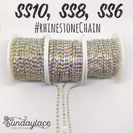 Sundaylace Creations & Bling SS6 Metal Rhinestone Chain Ss8 AB Silver chain- SPARSE AB Crystal Stone, in Gold or Silver Metal Rhinestone Chain, SPARSE Gold/Silver Chain Ss6, Ss8, Ss10, Ss12, & Ss16