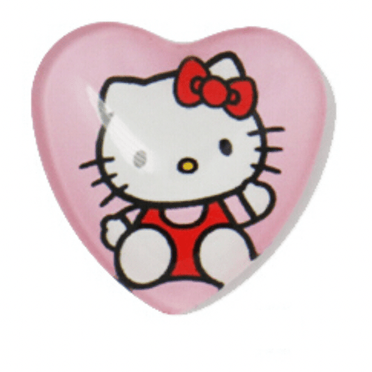 Sundaylace Creations & Bling Resin Gems 25mm Hello Kitty waving in overalls "Hello Kitty" Anime Pink /White Acrylic Printed  Heart Shape, Glue on, Resin Gems (Sold in Pair)