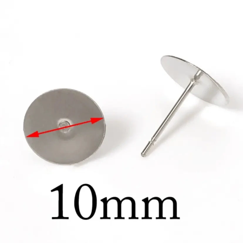 Sundaylace Creations & Bling Basics 10mm Nickel Free Surgical Stainless Steel *100 pcs* Nickel Free Surgical Steel Stud Earring Findings in Rhodium or Silver Colour *20 Pieces