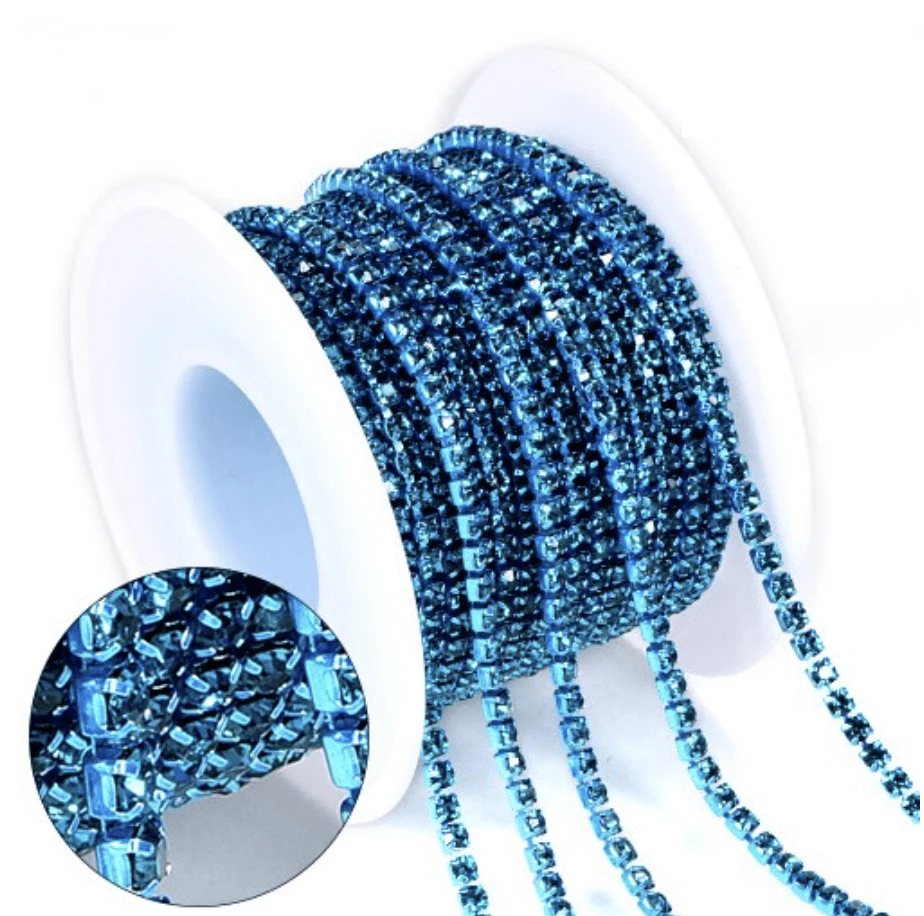 Sundaylace Creations & Bling SS6 Metal Rhinestone Chain Ss10 Dark Aqua Teal Stone, on Electric BLUE Coloured Metal Rhinestone Chain (Sold in 36")