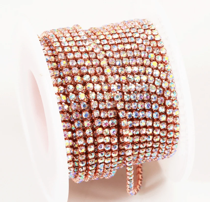 Ss12 AB Stone on Rose Gold Metal Rhinestone Chain (Sold in 36") SS12 Metal Rhinestone Chain