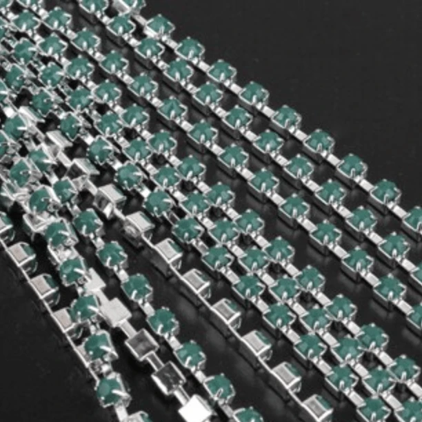 Sundaylace Creations & Bling SS12 Metal Rhinestone Chain Ss12 Dark Green Acrylic Stones on Silver Metal Rhinestone Chain