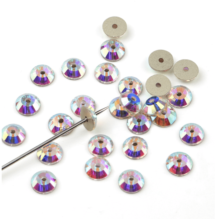 Sundaylace Creations & Bling Glass Gems Ss30 (6mm) Crystal AB with Hole in middle, Sew on, Glass Gem *Sold in 12 pieces*