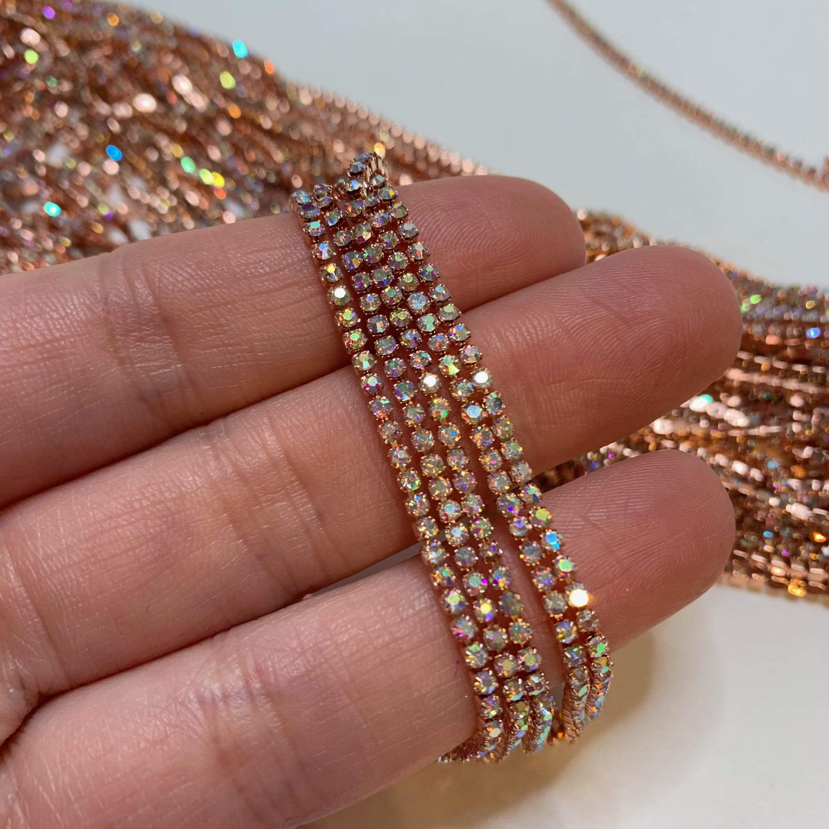Sundaylace Creations & Bling SS4 Metal Rhinestone Chain Ss4 AB in Rose Gold Metal Rhinestone Chain, Sold in 33"