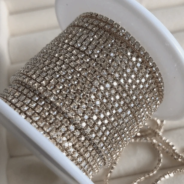Sundaylace Creations & Bling SS4 Metal Rhinestone Chain Ss4 Golden Champagne Silk on Light Champagne Gold Metal Rhinestone Chain *Rare 33"