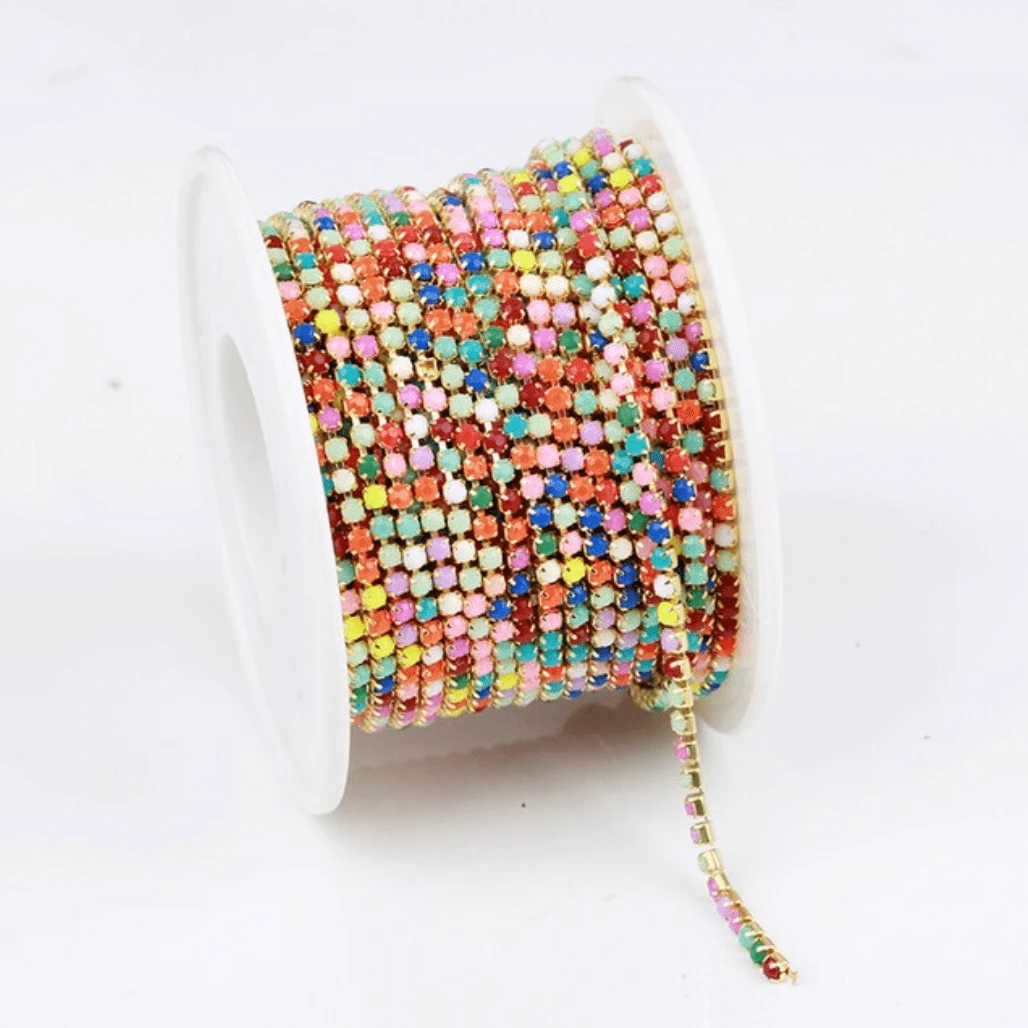 Ss6 Acrylic Stone in MIXED Rainbow Stone Gold Metal Rhinestone Chain SS6 Metal Rhinestone Chain