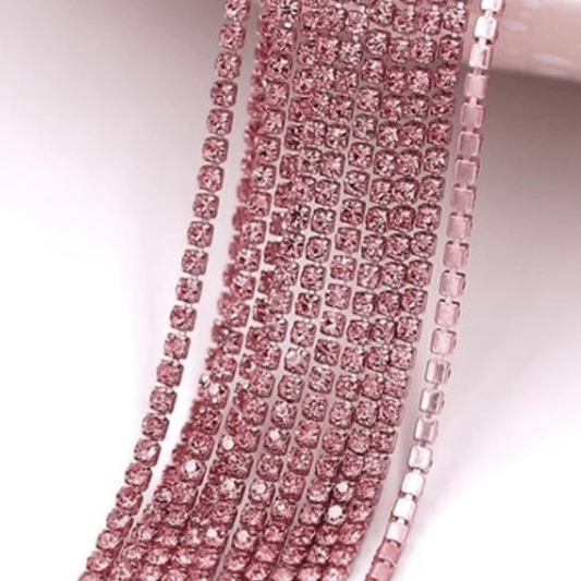 Sundaylace Creations & Bling SS6 Metal Rhinestone Chain Ss6 Baby Pink Stone, on PINK Coloured Metal Rhinestone Chain