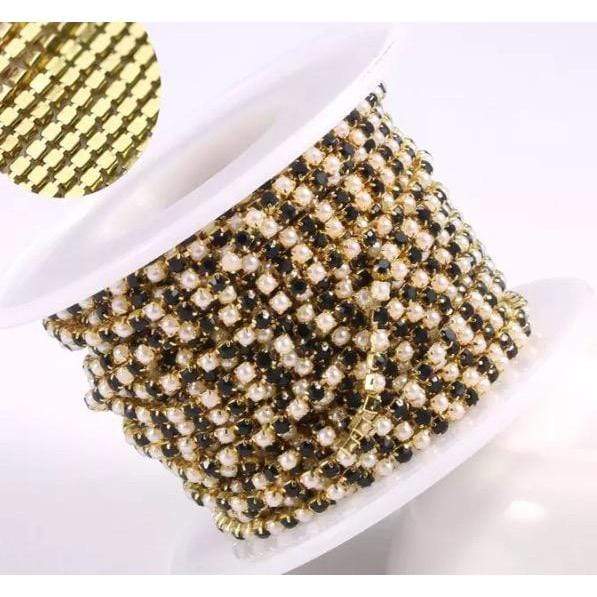 Sundaylace Creations & Bling SS6 Metal Rhinestone Chain Ss6 Black and Pearl Stones (Alternating) on Gold/Silver Metal Rhinestone Chain *Dense Chain*