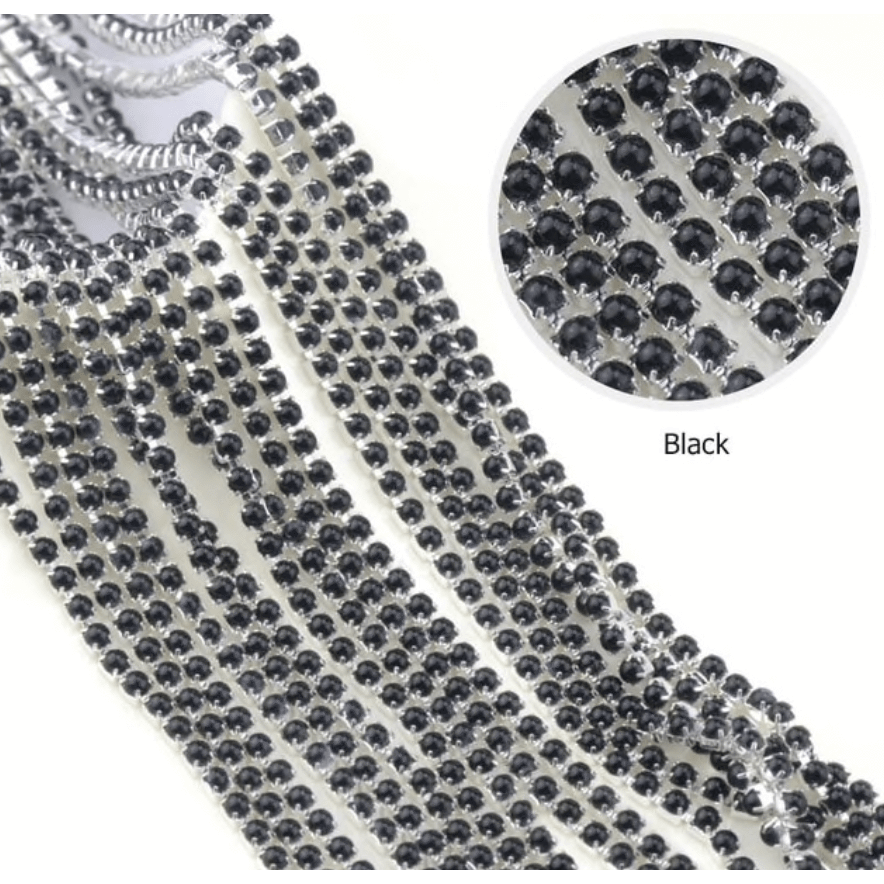 Sundaylace Creations & Bling SS6 Metal Rhinestone Chain Ss6 Black Pearl Stone, Silver Metal Rhinestone Chain Sold per yard
