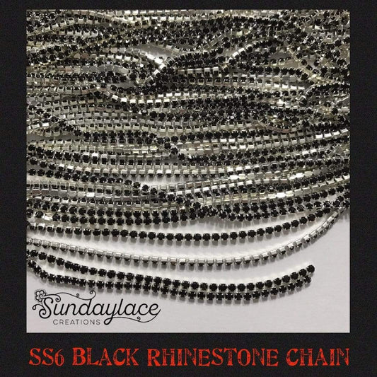 Sundaylace Creations & Bling SS6 Metal Rhinestone Chain Ss6 Black Rhinestone with Silver Chain, Rhinestone Metal Chain