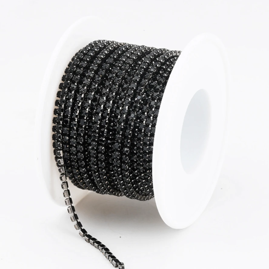 SS6 Black Stone on GUNMETAL Black DENSE, Rhinestone Metal Cup Chain, → 10 Yard BULK BUY! Ss6 Metal Rhinestone Chain