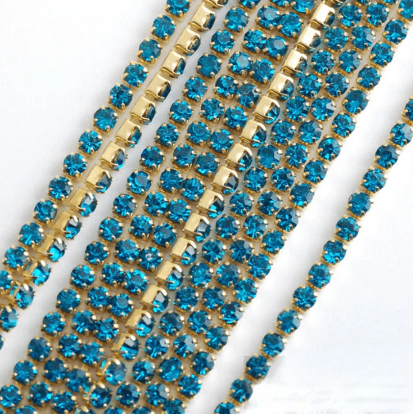 Ss6 Blue Zircon GOLD Metal Rhinestone Chain with Coloured stones SS6 Metal Rhinestone Chain