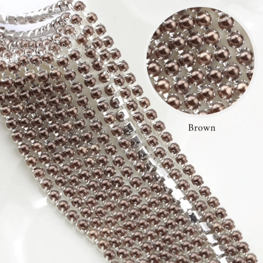 Sundaylace Creations & Bling SS6 Metal Rhinestone Chain Ss6 Brown Pearl Stone, Silver Metal Rhinestone Chain