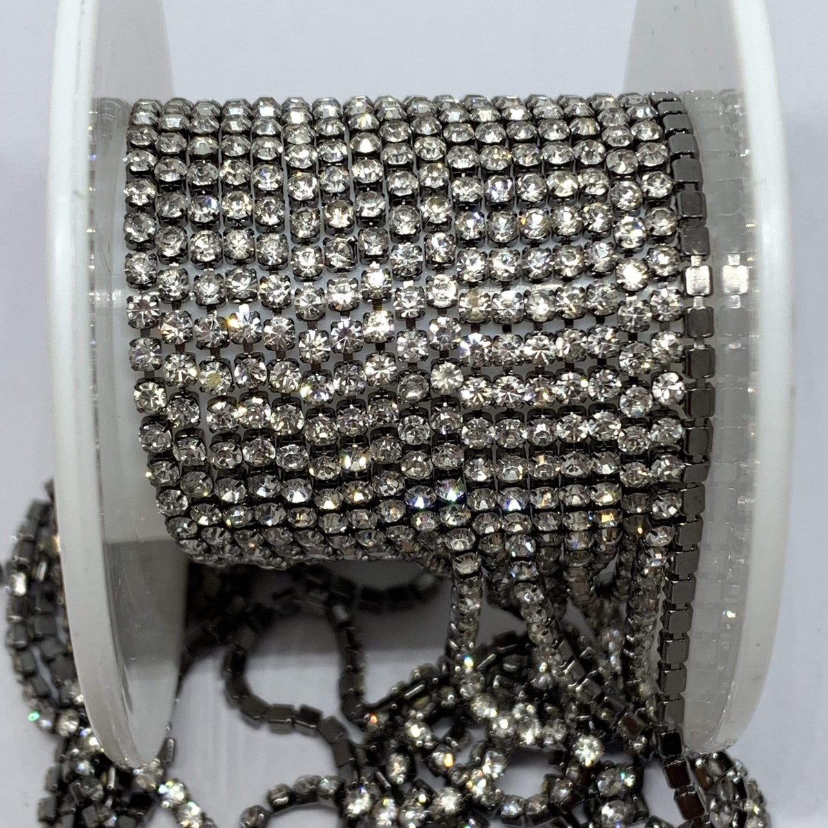 Sundaylace Creations & Bling SS6 Metal Rhinestone Chain SS6 Dense Chain Ss6 Clear Stone Gunmetal Metal Rhinestone Chain, Sold per yard