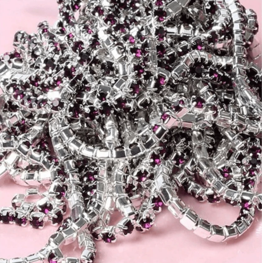 Ss6 Dark Burgundy Red Purple on SILVER Metal Rhinestone Chain (Sold in 36") SS6 Metal Rhinestone Chain