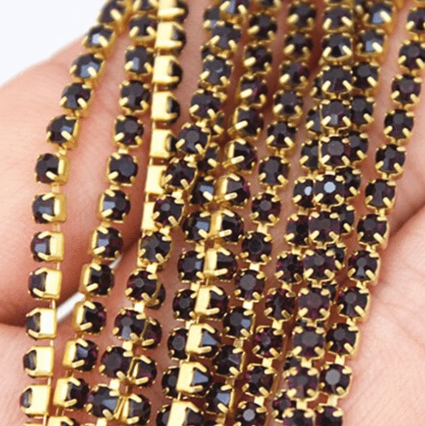 Ss6 Dark Purple Amethyst GOLD Metal Rhinestone Chain SS6 Metal Rhinestone Chain