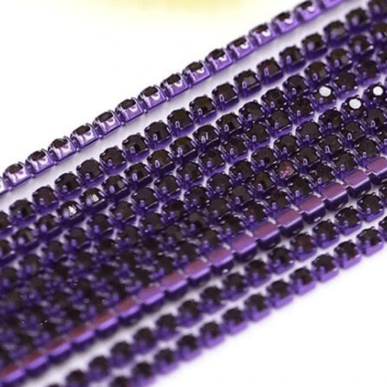 Sundaylace Creations & Bling SS6 Metal Rhinestone Chain Ss6 Dark Purple Stone, onPURPLE Coloured Metal Rhinestone Chain