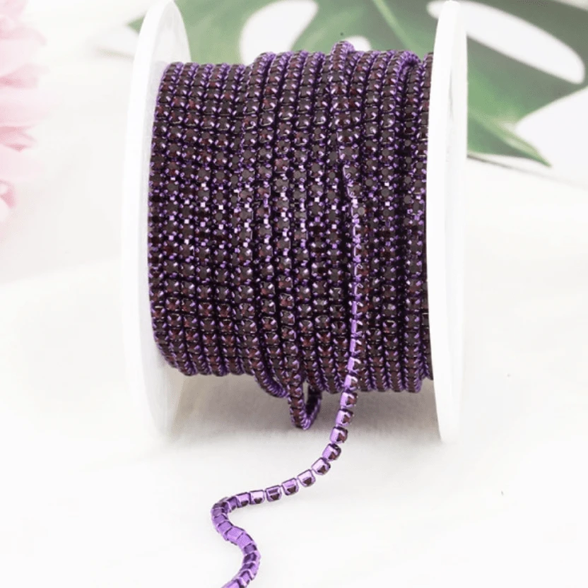 Sundaylace Creations & Bling SS6 Metal Rhinestone Chain Ss6 Dark Purple Stone, on PURPLE Coloured Metal Rhinestone Chain