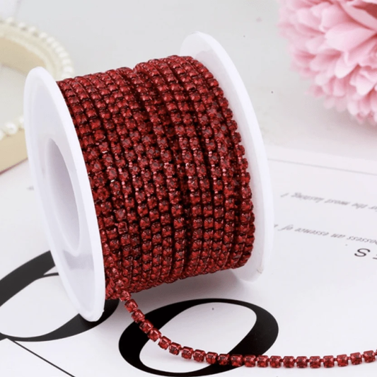 Sundaylace Creations & Bling SS6 Metal Rhinestone Chain Ss6 Dark Red Stone on Red Coloured Metal Chain, Sold in yard