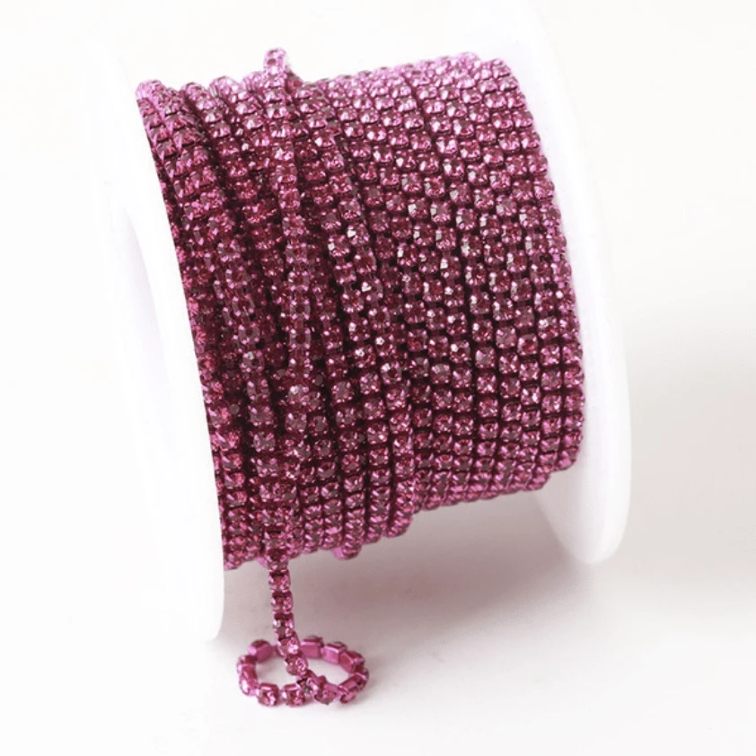 Sundaylace Creations & Bling SS6 Metal Rhinestone Chain Ss6 Fuchsia Raspberry on Dark Pink Coloured Metal Rhinestone Chain *Rare*