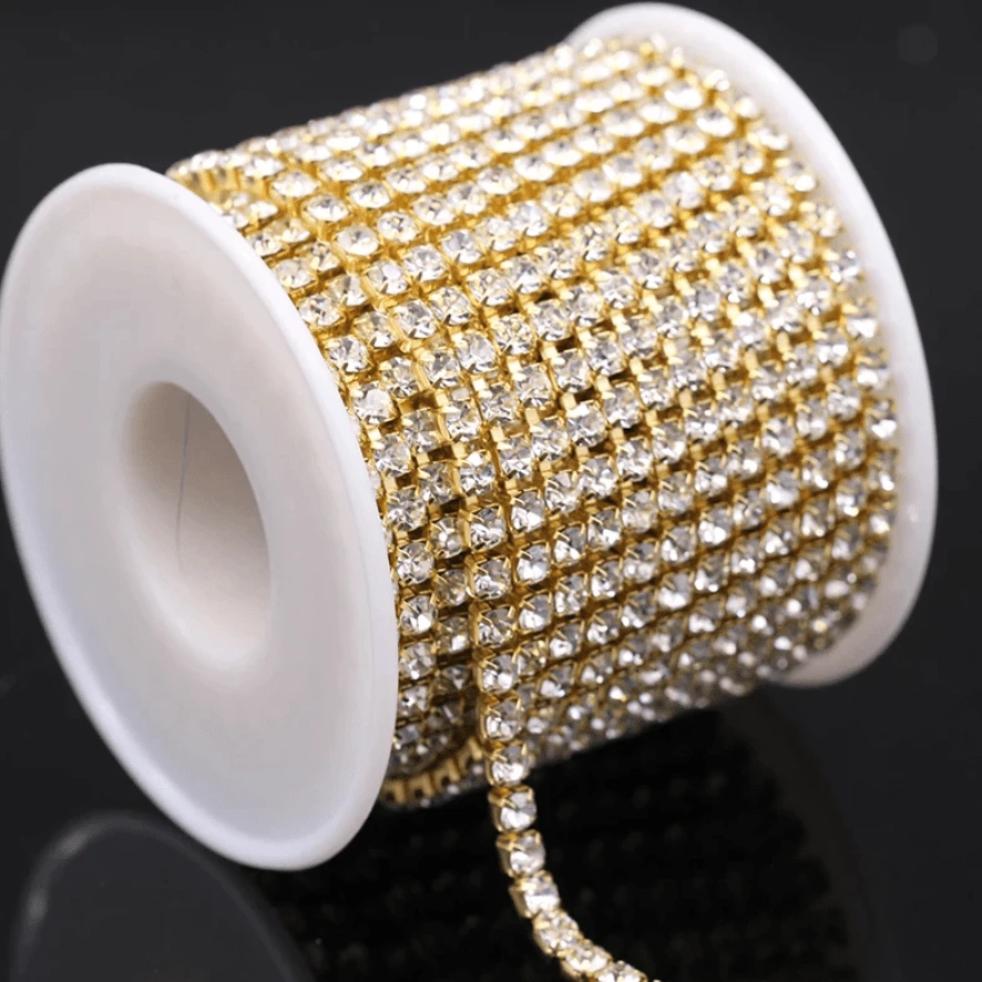 Sundaylace Creations & Bling Ss6 Metal Rhinestone Chain SS6 Gold CLEAR DENSE, Rhinestone Metal Cup Chain, → 10 Yard BULK BUY!
