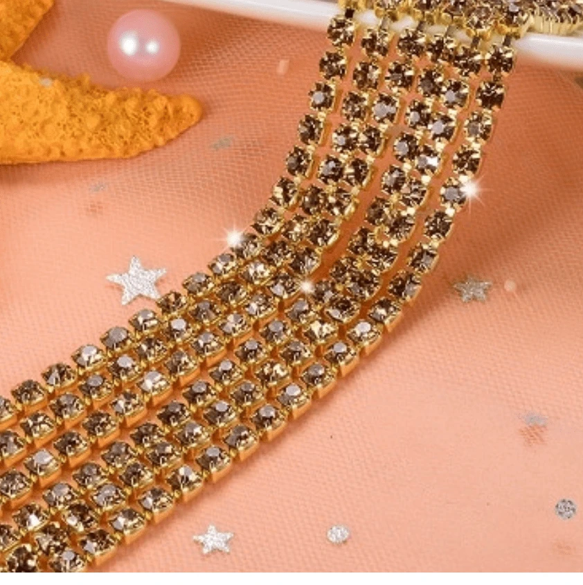 Ss6 Grey Stone on GOLD Metal Rhinestone Chain SS6 Metal Rhinestone Chain