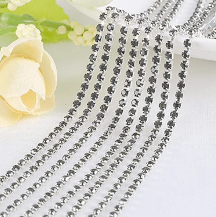 Ss6 Grey stone on SILVER Metal Rhinestone Chain (Sold in 36") SS6 Metal Rhinestone Chain