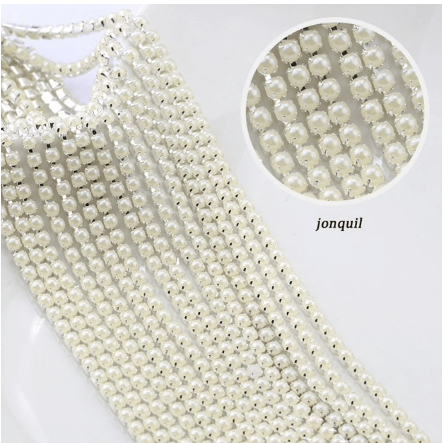 Sundaylace Creations & Bling SS6 Metal Rhinestone Chain Ss6 Jonquil- Ivory- Light Yellow Pearl Stone, Silver Metal Rhinestone Chain