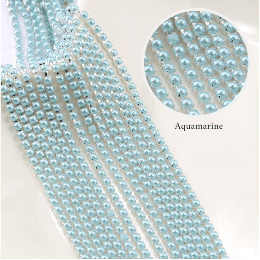 Sundaylace Creations & Bling SS6 Metal Rhinestone Chain Ss6 Light Aquamarine Blue Pearl Stone, Silver Metal Rhinestone Chain