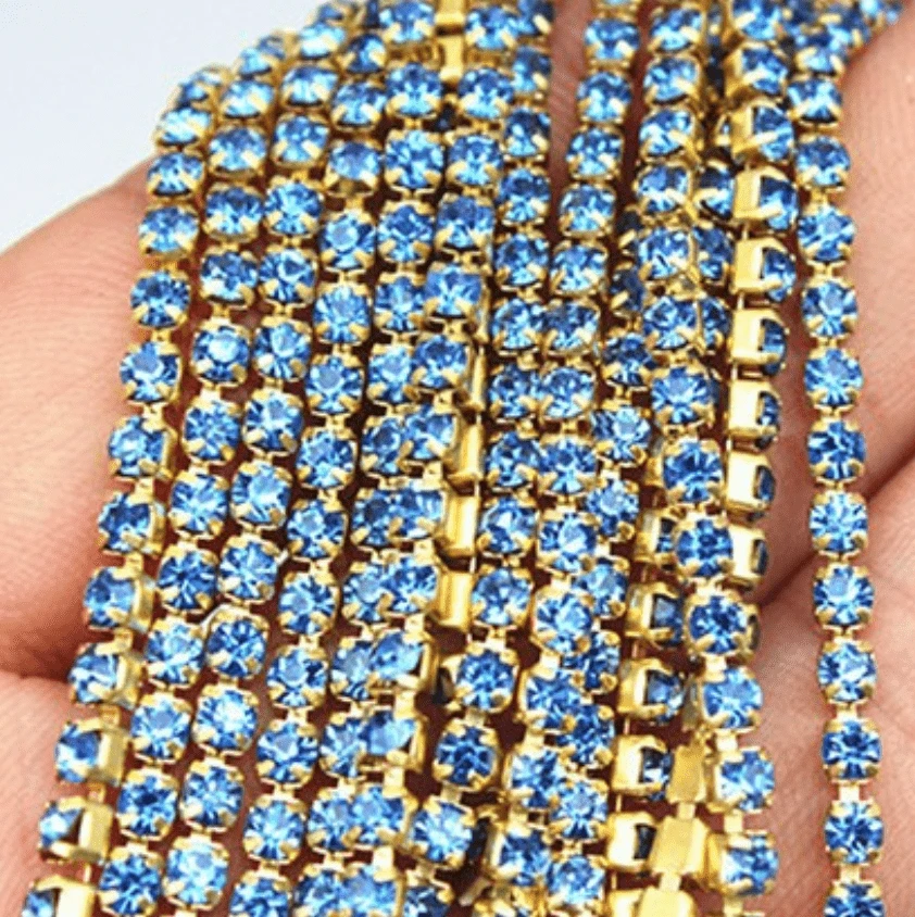 Ss6 Light Blue GOLD Metal Rhinestone Chain (Sold in 36") SS6 Metal Rhinestone Chain
