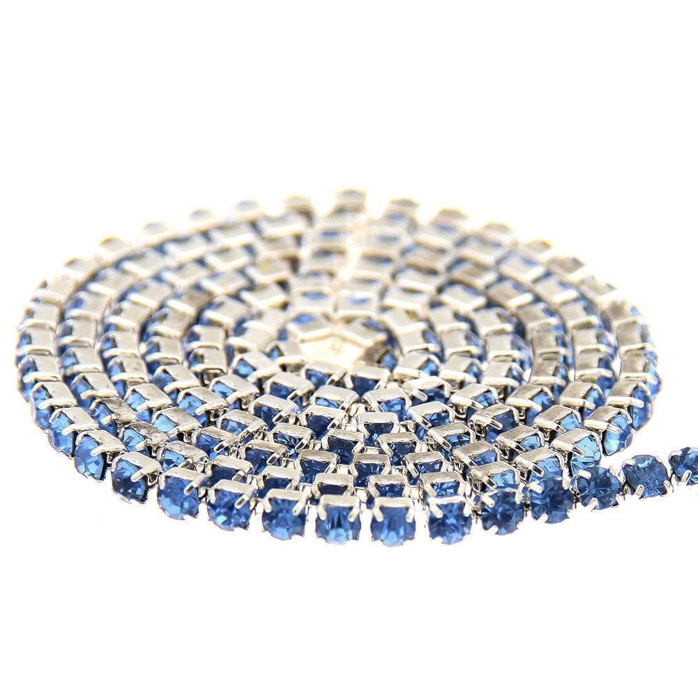 Ss6 Light Blue on SILVER Metal Rhinestone Chain (Sold in 36") SS6 Metal Rhinestone Chain