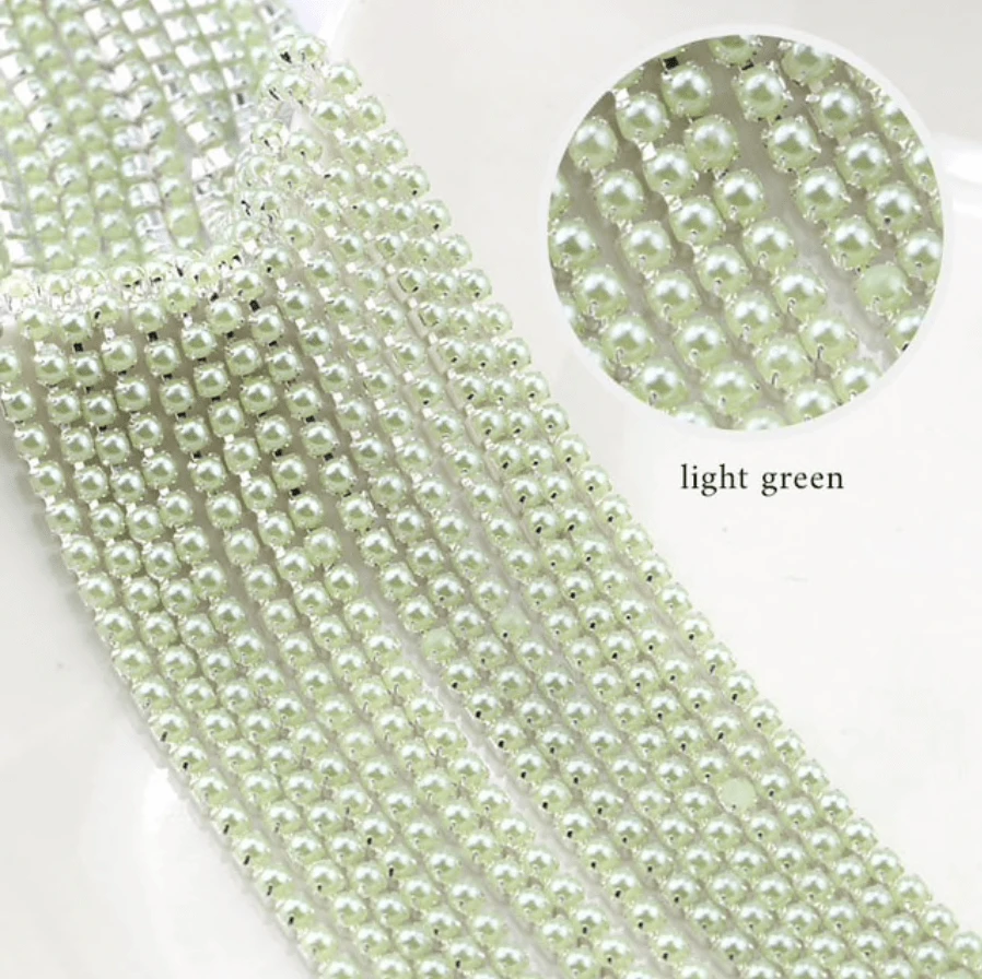 Sundaylace Creations & Bling SS6 Metal Rhinestone Chain Ss6 Light Green Pearl Stone, Silver Metal Rhinestone Chain