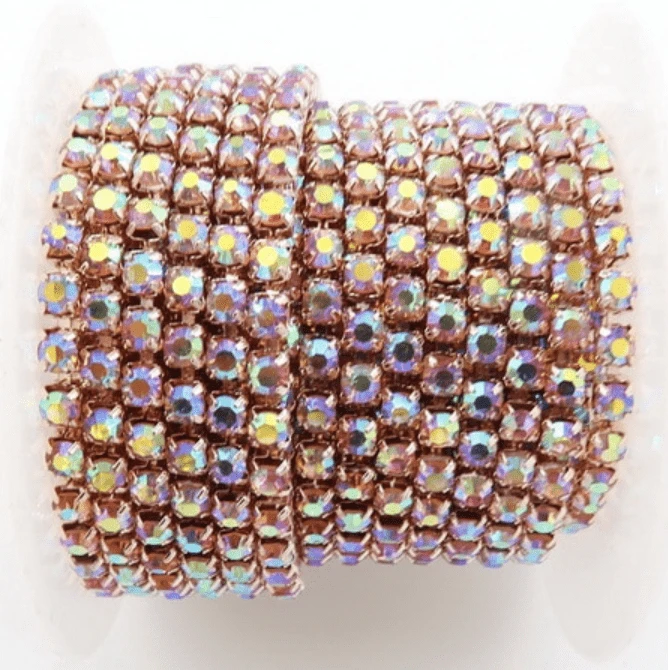 Sundaylace Creations & Bling SS6 Metal Rhinestone Chain Ss6 Light Peach AB Stone, on Champagne/ Light Rose Gold Metal Rhinestone Chain